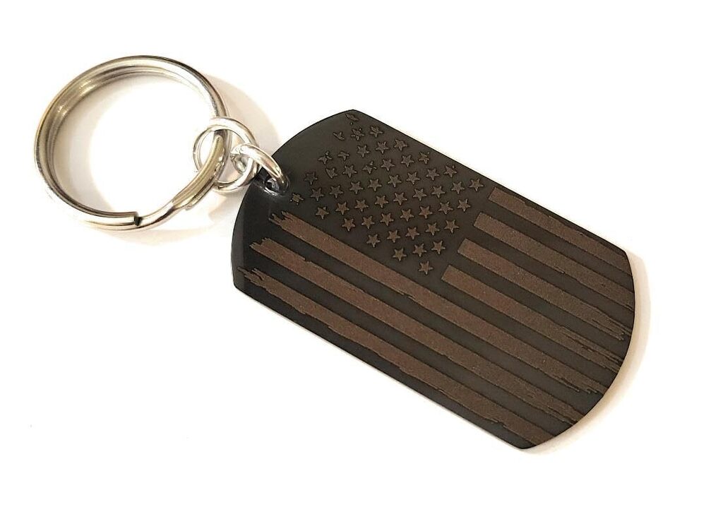 1418 American Flag Engraved Black Stainless Steel Dog Tag Key Chain USA
